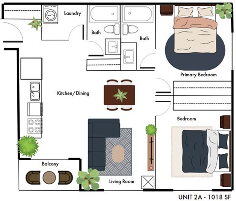 A floor plan of an apartment with a living room, kitchen, two bedrooms, and a balcony.